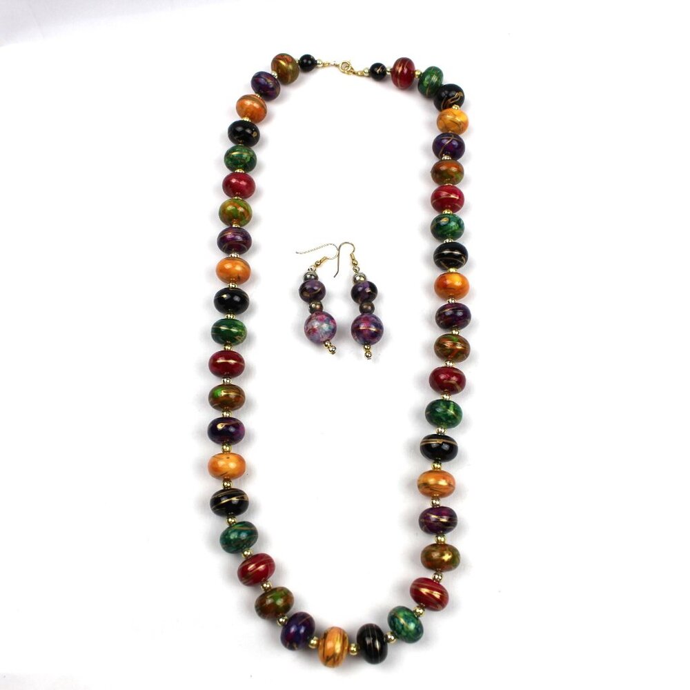 Vintage Hand Painted Bohemian Beaded Multi Color Estate Necklace & Earrings